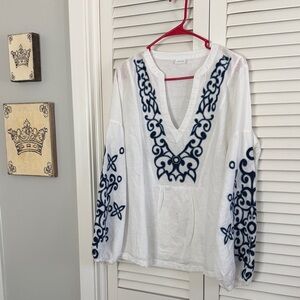 Embroidered long sleeve linen top